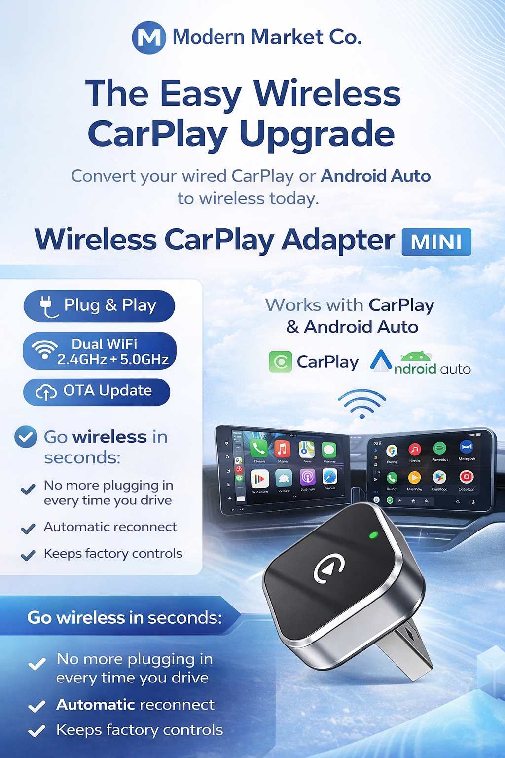 Wireless CarPlay Adapter for wired CarPlay & Android Auto
