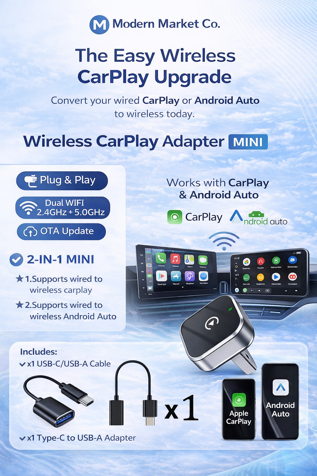 Wireless CarPlay Adapter for wired CarPlay & Android Auto